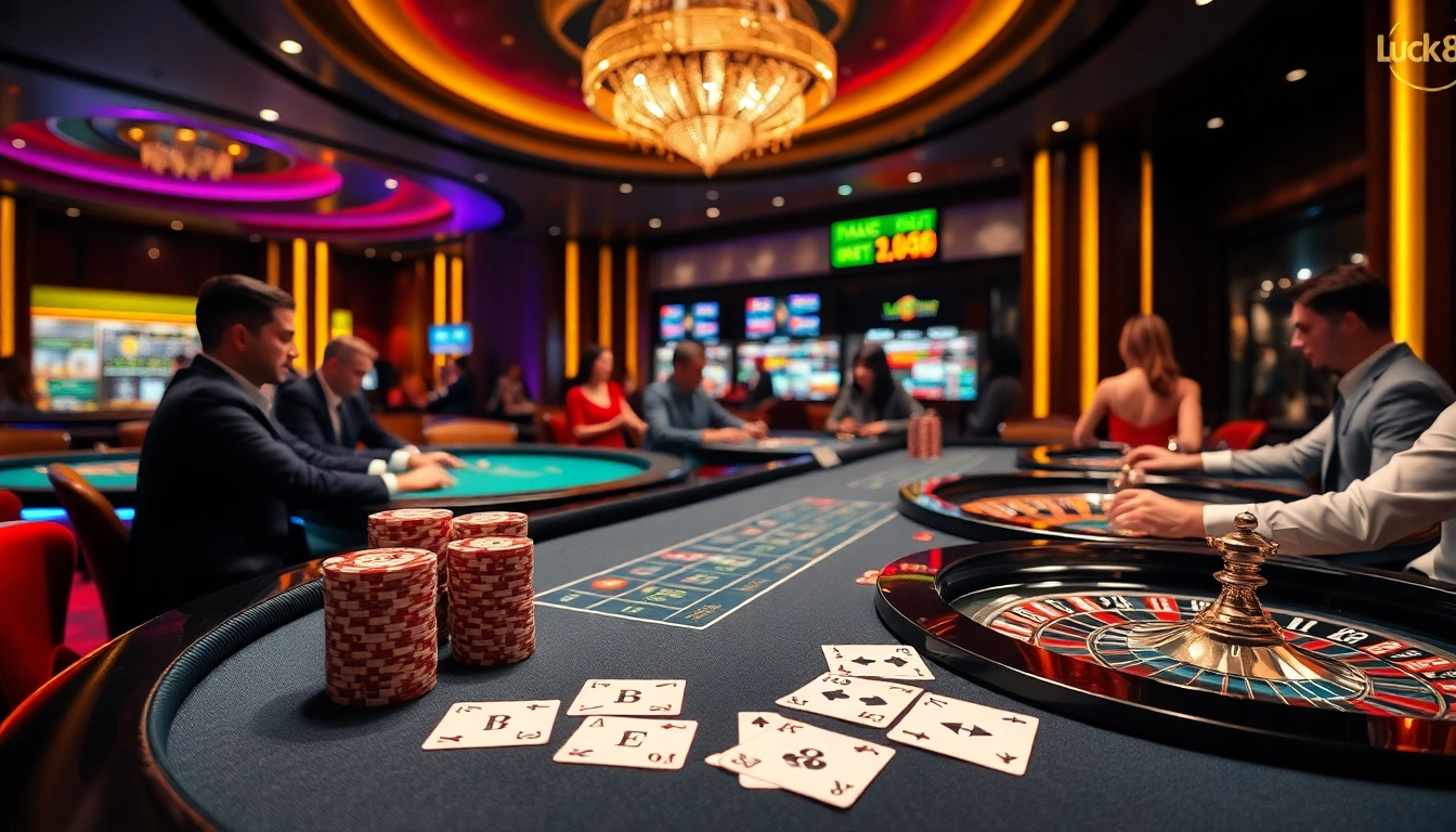 Engaging casino scene with excitement and luxury at nhà cái luck8 featuring poker chips, cards, and roulette.