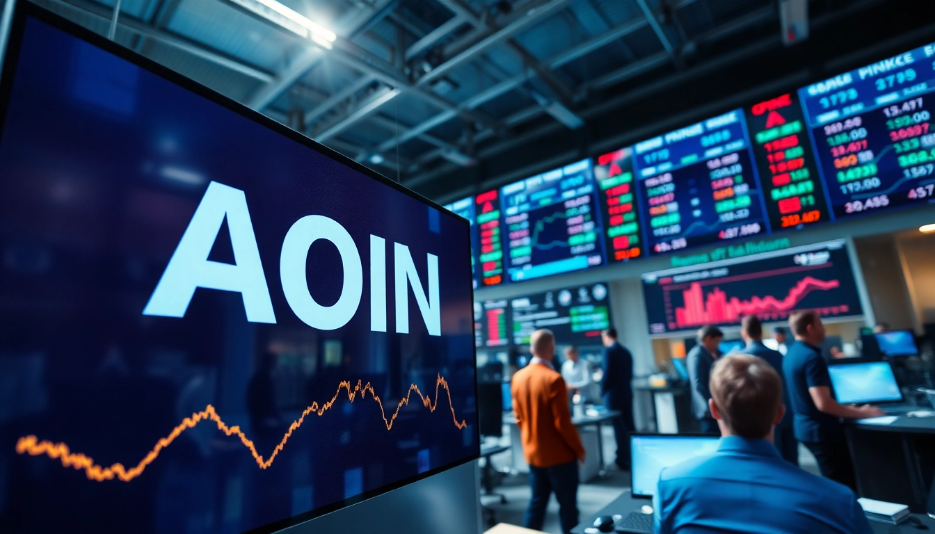 AON stock price displayed prominently on a digital ticker in a bustling market analysis office.