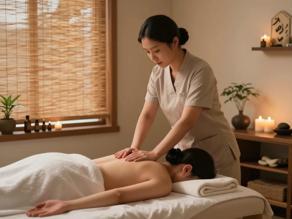 편안한 치료실에서 에센셜 오일과 따뜻한 조명 속에서 편안한 인계동마사지를 받고 있는 고객