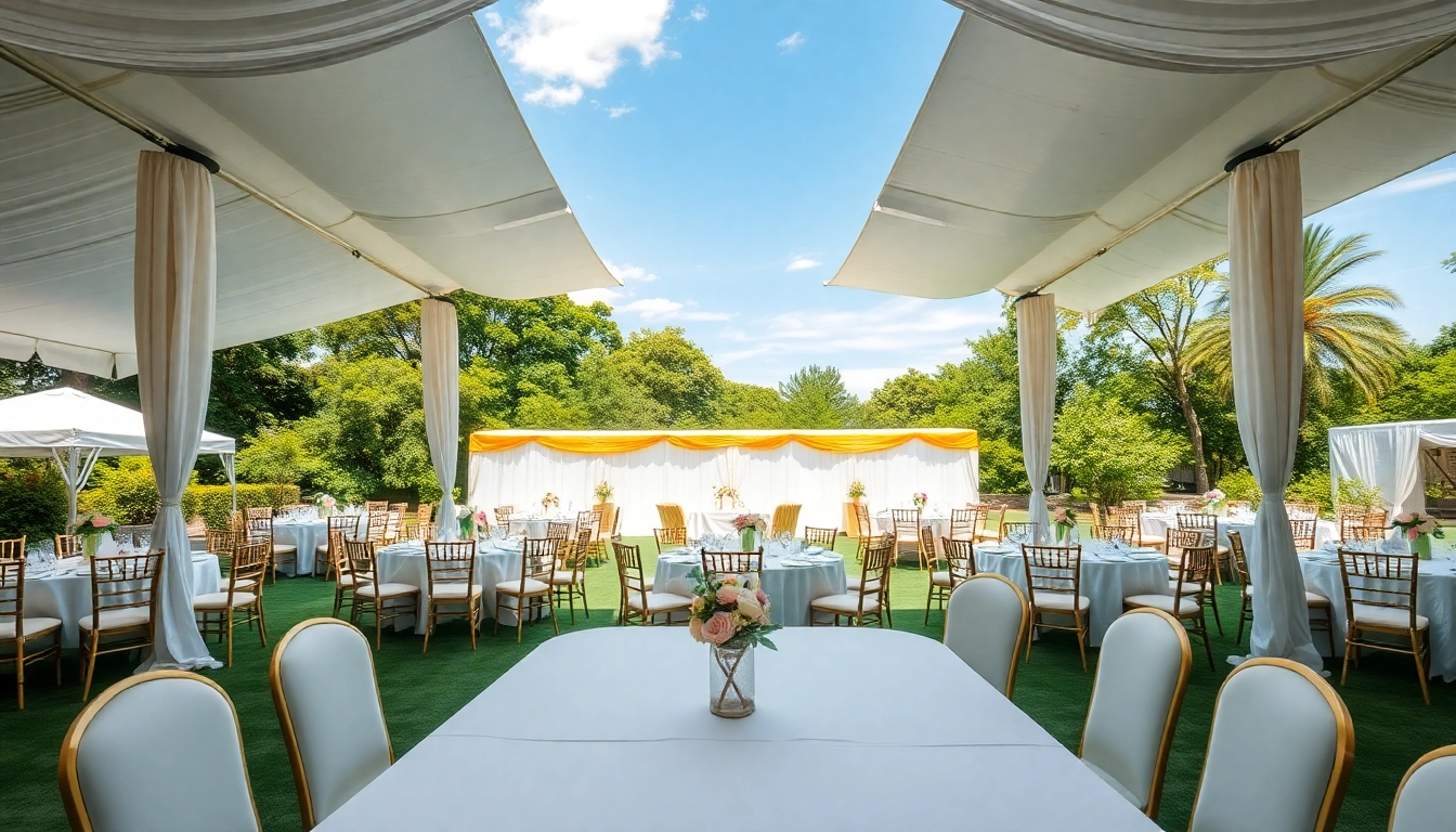 Setup of Corporate Event Rentals featuring a beautifully arranged outdoor setup with tents and elegant furnishings.