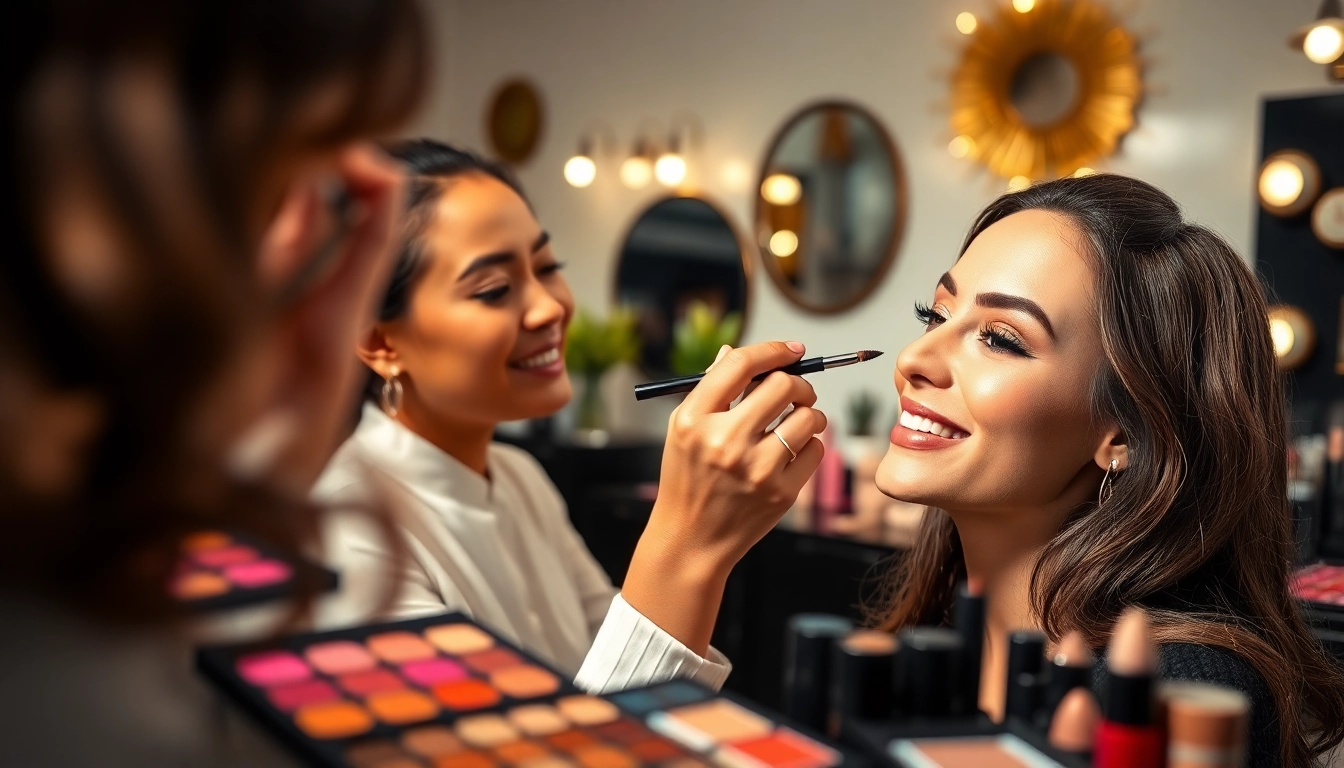 DC makeup artist giving a makeover to a client in a beautiful studio.