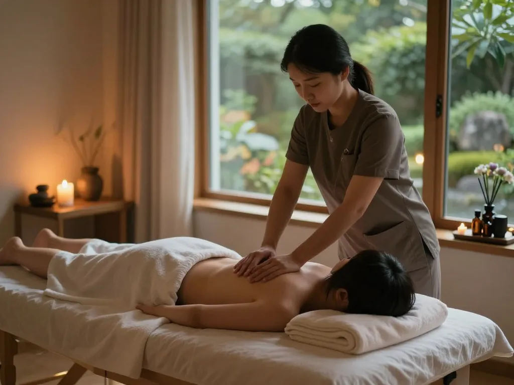 인계동마사지 session in a tranquil therapy room with calming ambiance