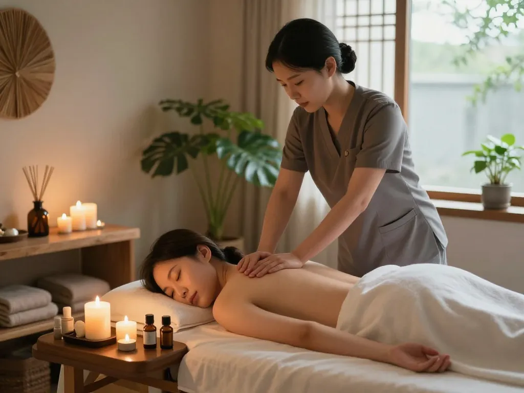 A relaxing scene of a professional providing 역삼동마사지 in a serene spa environment with calming candles and soothing decor.
