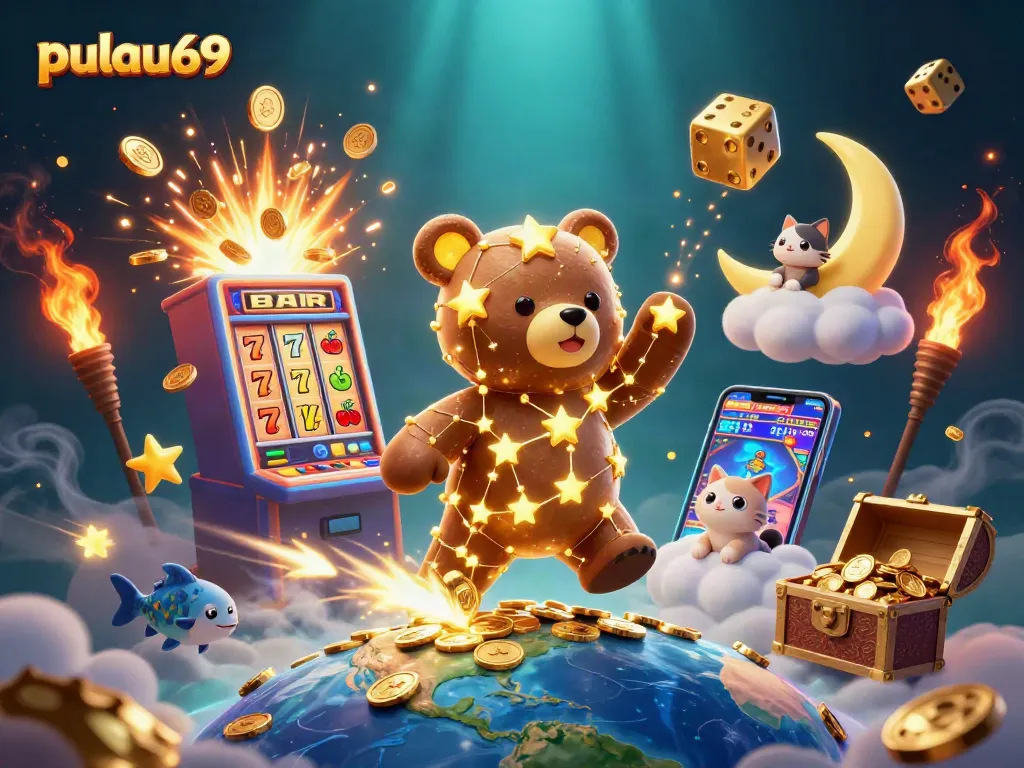 Experience pulau69 excitement with golden coins and vibrant casino themes in a stunning 3D illustration.