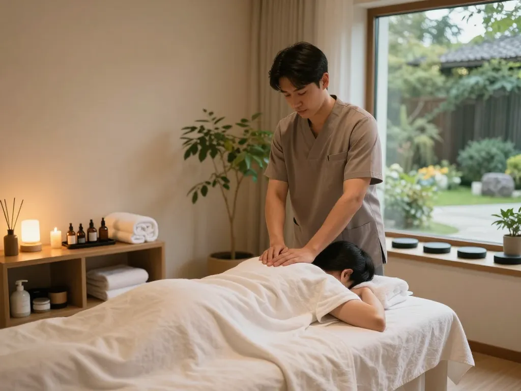 신사동마사지 being performed in a relaxing wellness spa setting with soothing elements and ambient light.