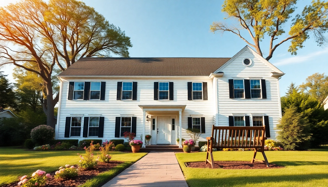 Exquisite colonial home build surrounded by landscaped yard and trees, showcasing classic architectural elegance.