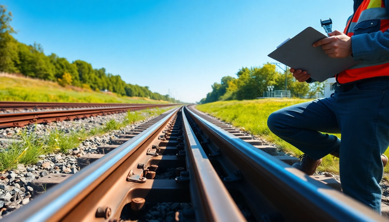 Track Inspection by a railway engineer highlighting precision measures in a vibrant outdoor setting.