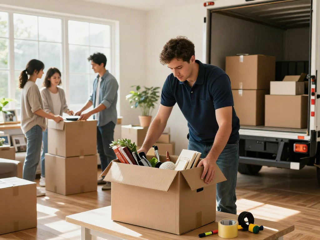 Professional movers packing boxes in a bright living room, showcasing organized moving practices and family teamwork.
