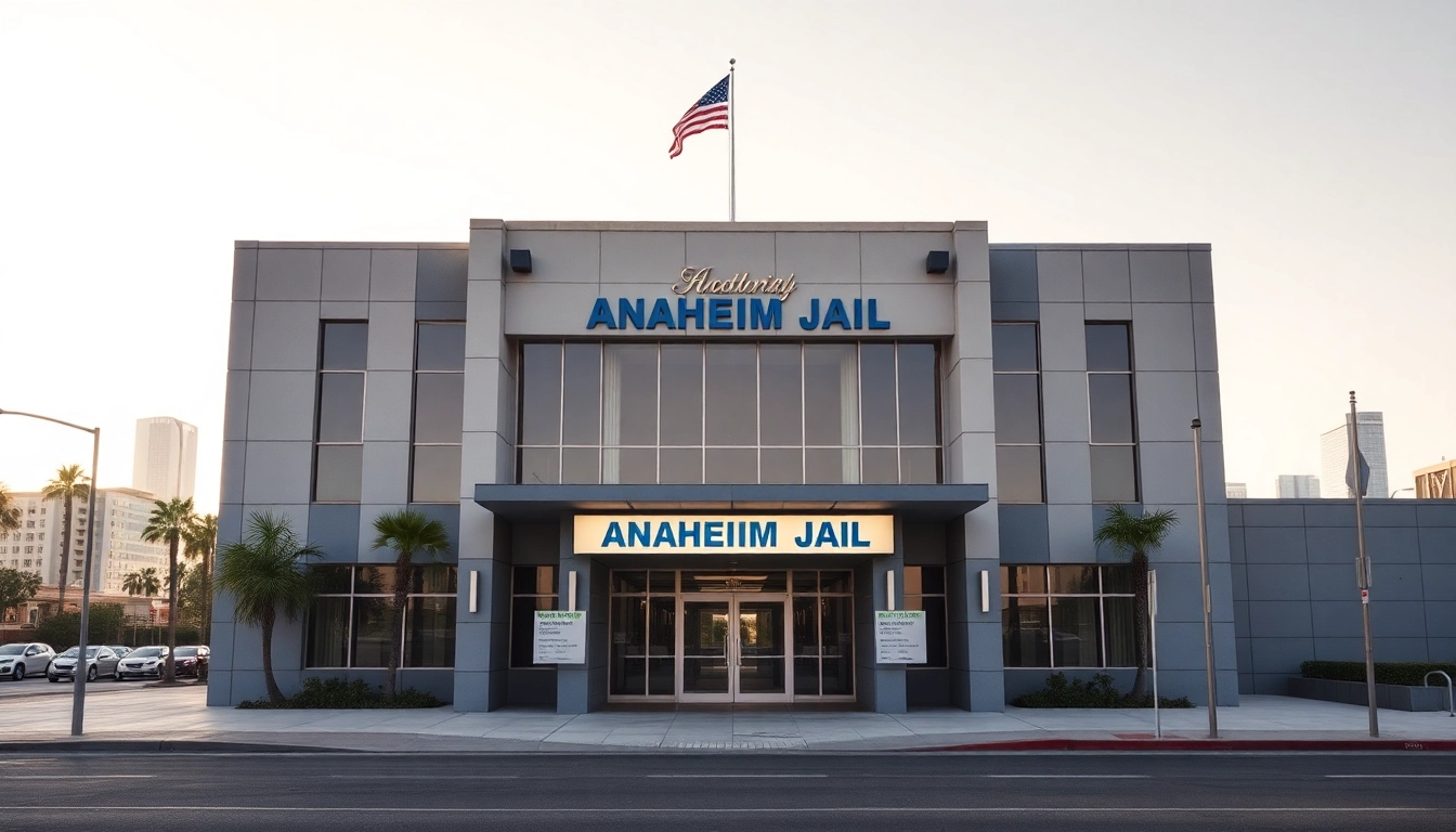 Capture of Anaheim Jail police station emphasizing community safety with inviting architecture and urban backdrop.