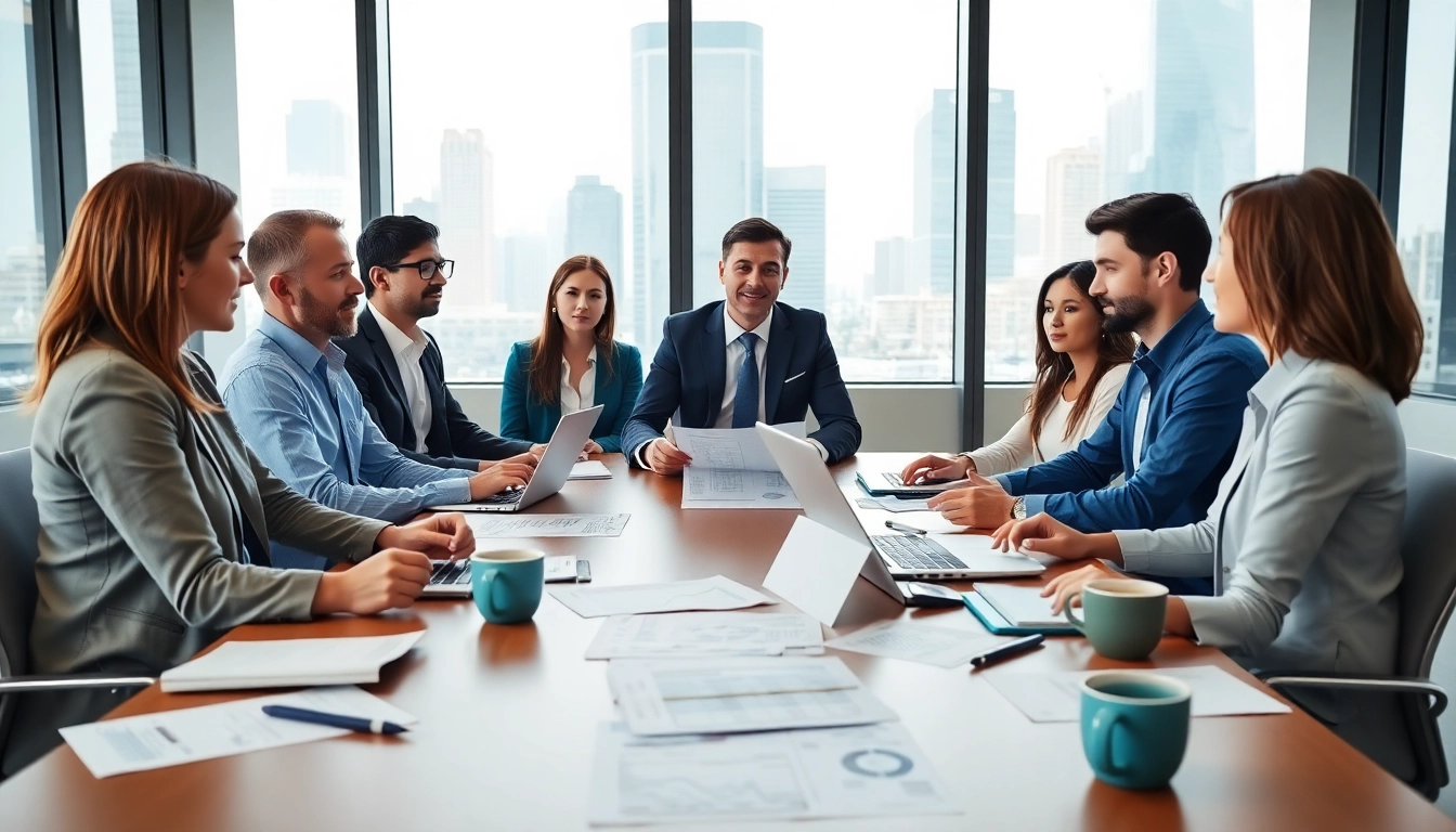 Engaging professionals discuss debt collection UK strategies in a modern office.