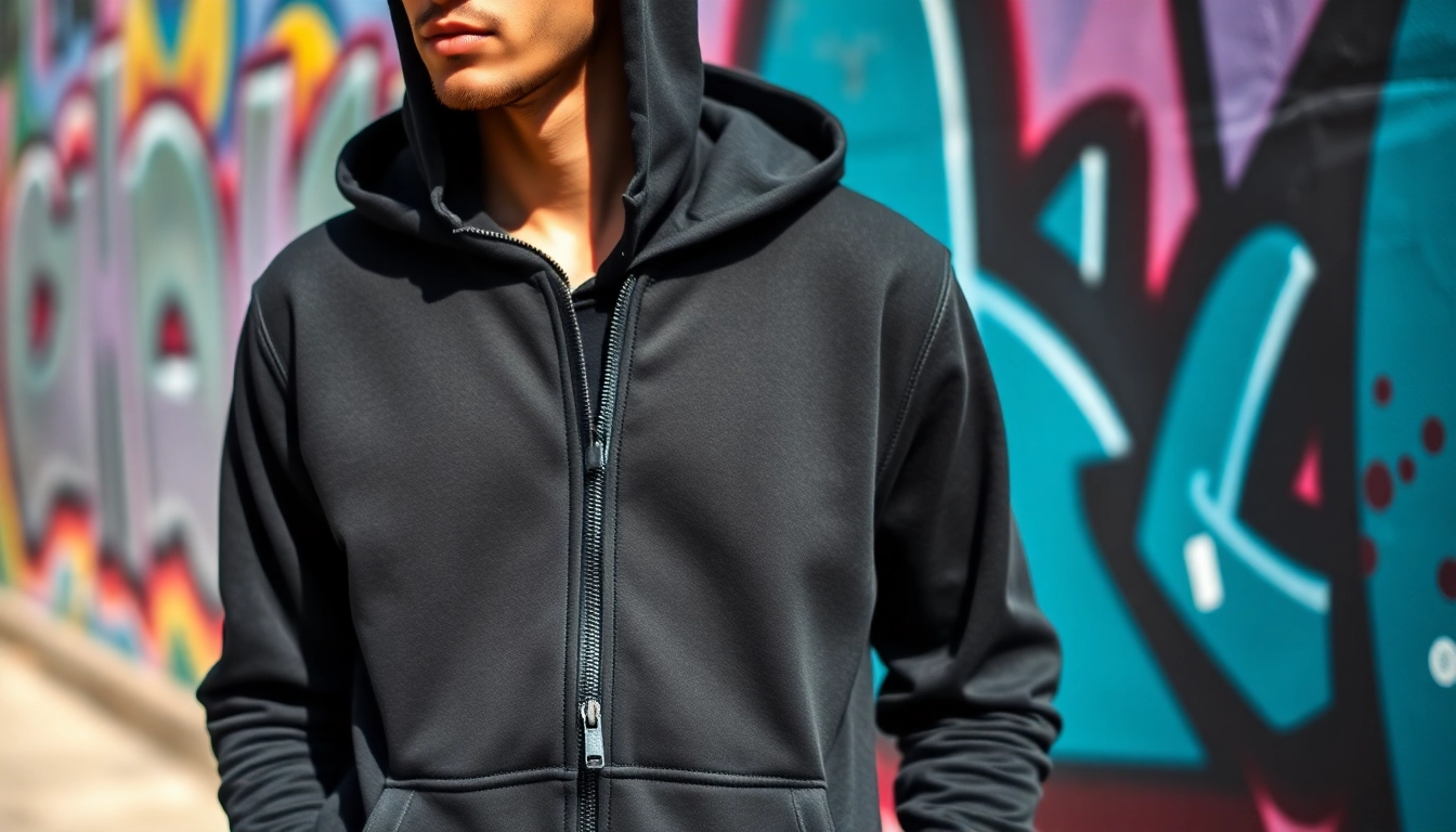 Model showcasing a black zip up hoodie against colorful urban graffiti, emphasizing style and design.