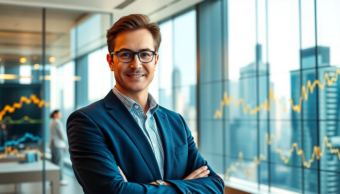 Mark Baum in a modern office environment, showcasing financial expertise and professional demeanor.