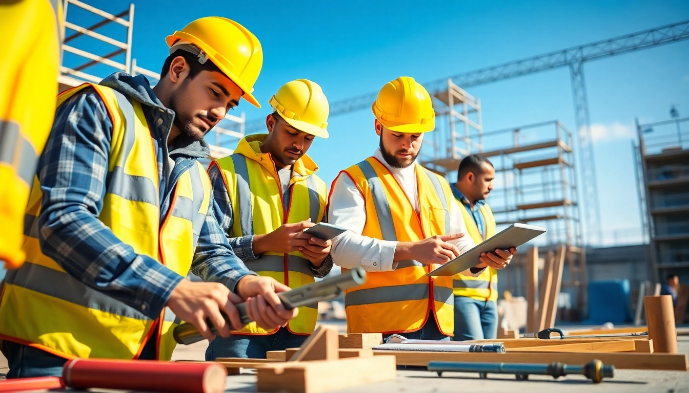 Learn construction apprenticeship skills as apprentices collaborate on-site with tools.