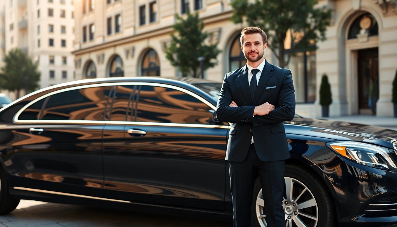 Engaging chauffeur hire service showcasing a professional chauffeur beside a luxury sedan.