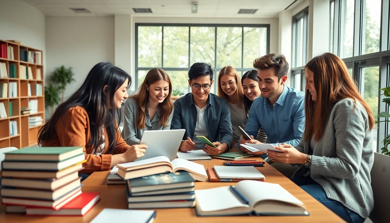 Students collaborating in a modern classroom, reflecting the exam assistance industry.