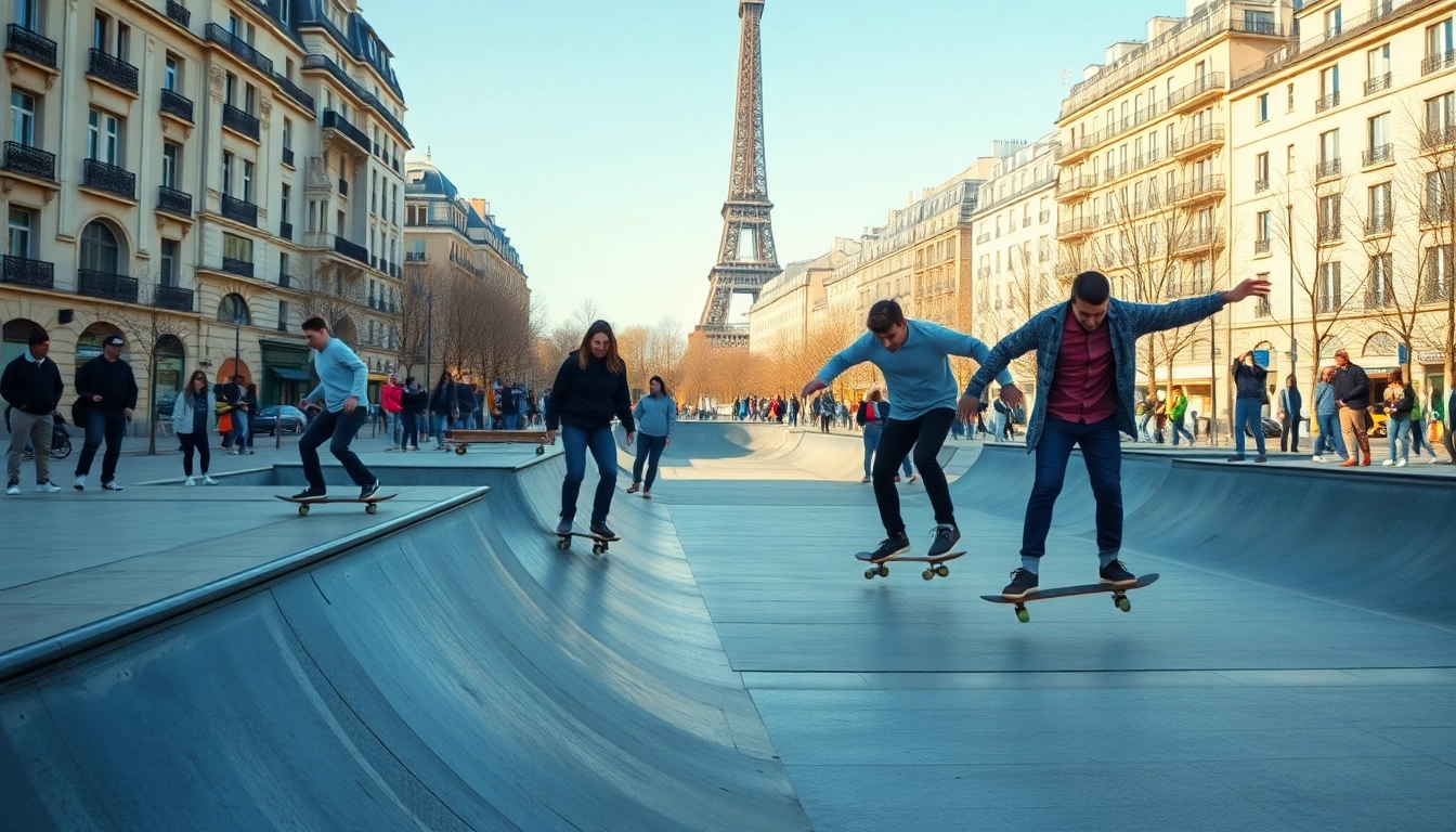 Des jeunes skateurs montrant leurs talents à l'école de skate à Paris.