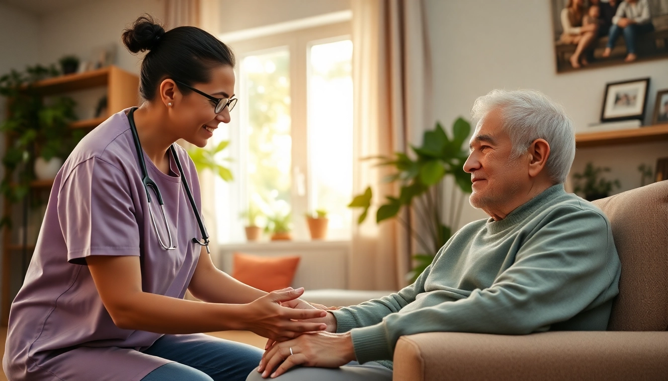 Engaging at home health care interaction between caregiver and elderly patient in a warm living room.