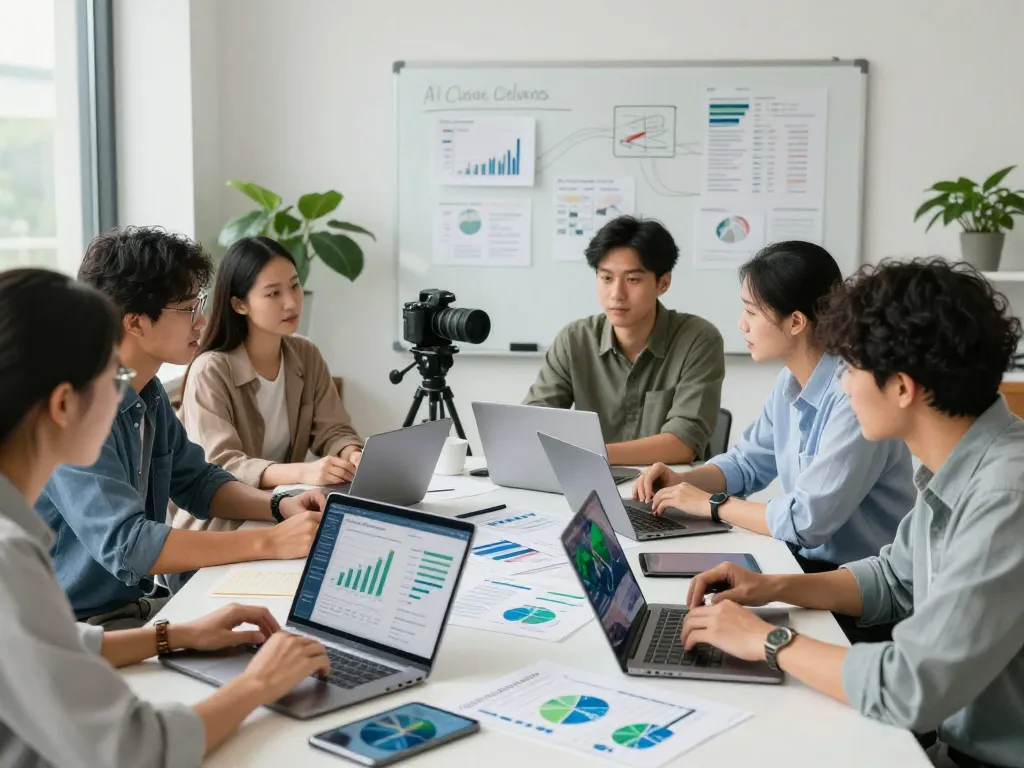 Professional team analyzing AI climate claims overhyped in modern office setting.