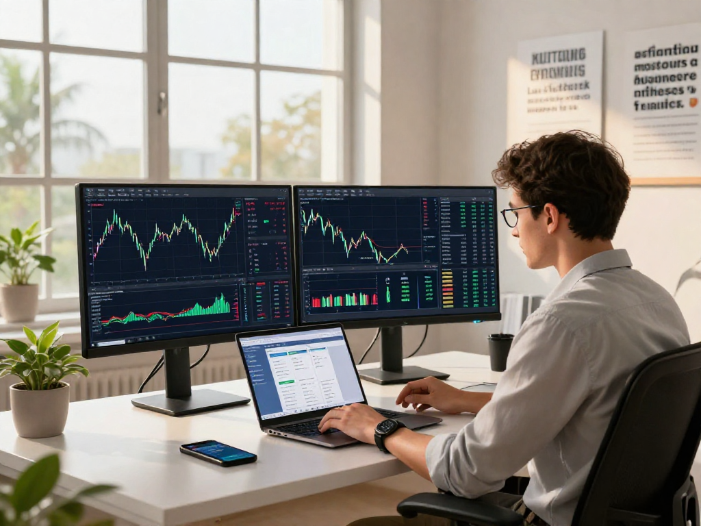 TradingView user analyzing charts in a modern workspace with dual monitors.