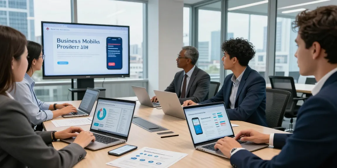 Collaborative meeting discussing the best business mobile providers UK in a modern office