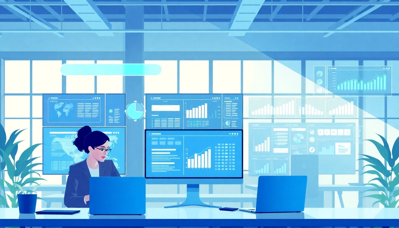 Engaging illustration highlighting enterprise search tools in a digital workspace with people collaborating.