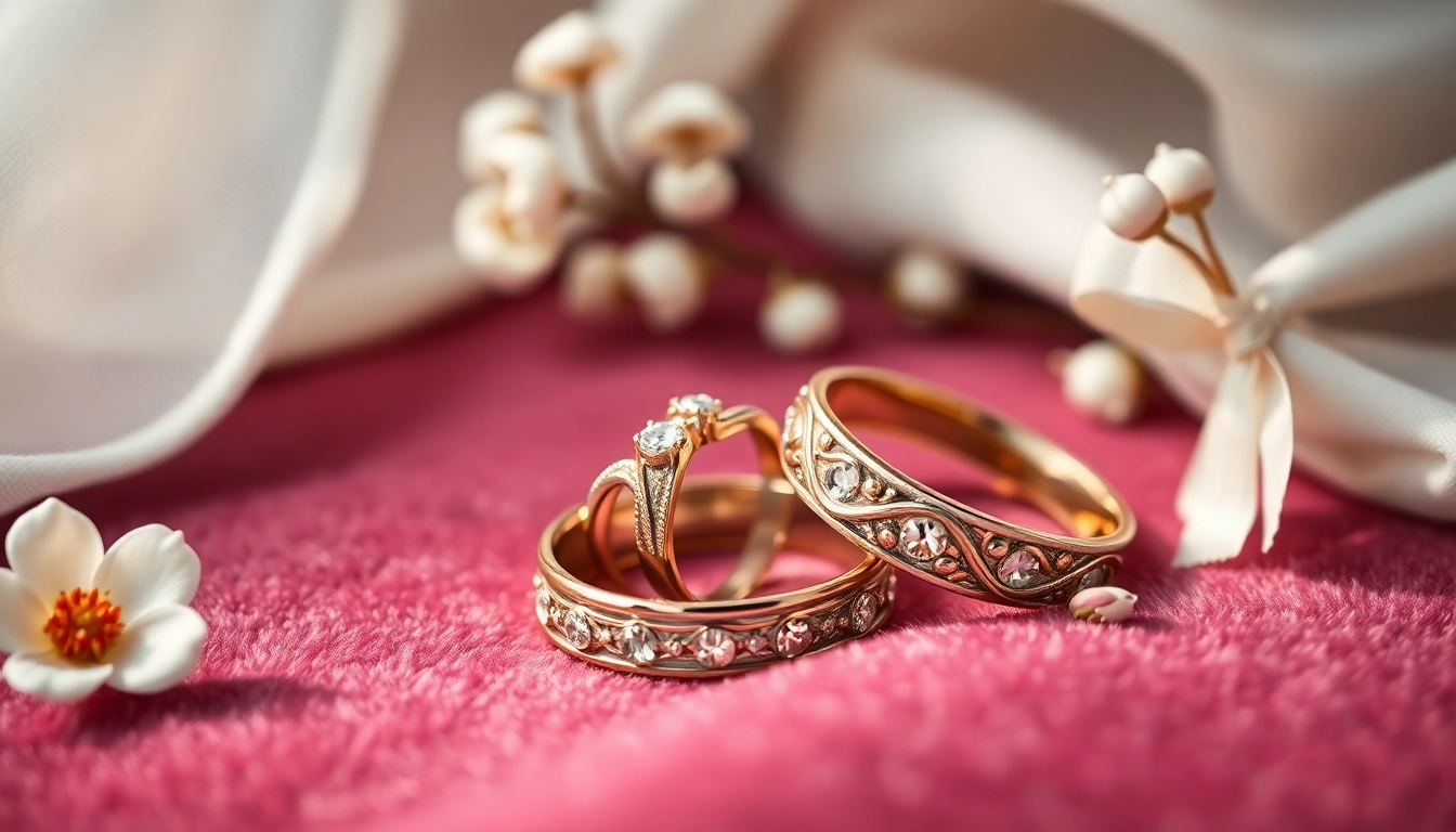 Showcase of wedding bands featuring intricate designs and gemstones.