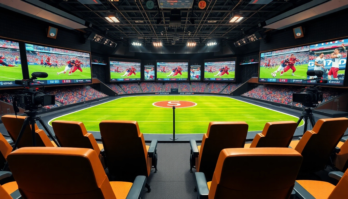 Engaging scene of sports broadcasting with dynamic studio setup displaying live events.