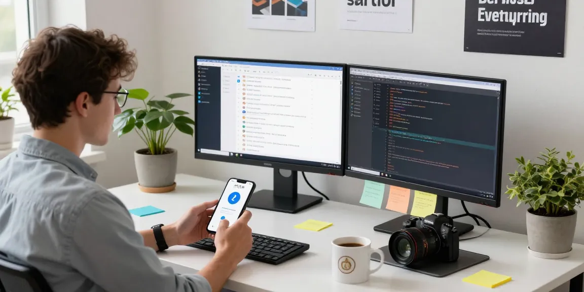 Engaged professional using 纸飞机中文版 app in a modern tech workspace with dual monitors and colorful post-its.