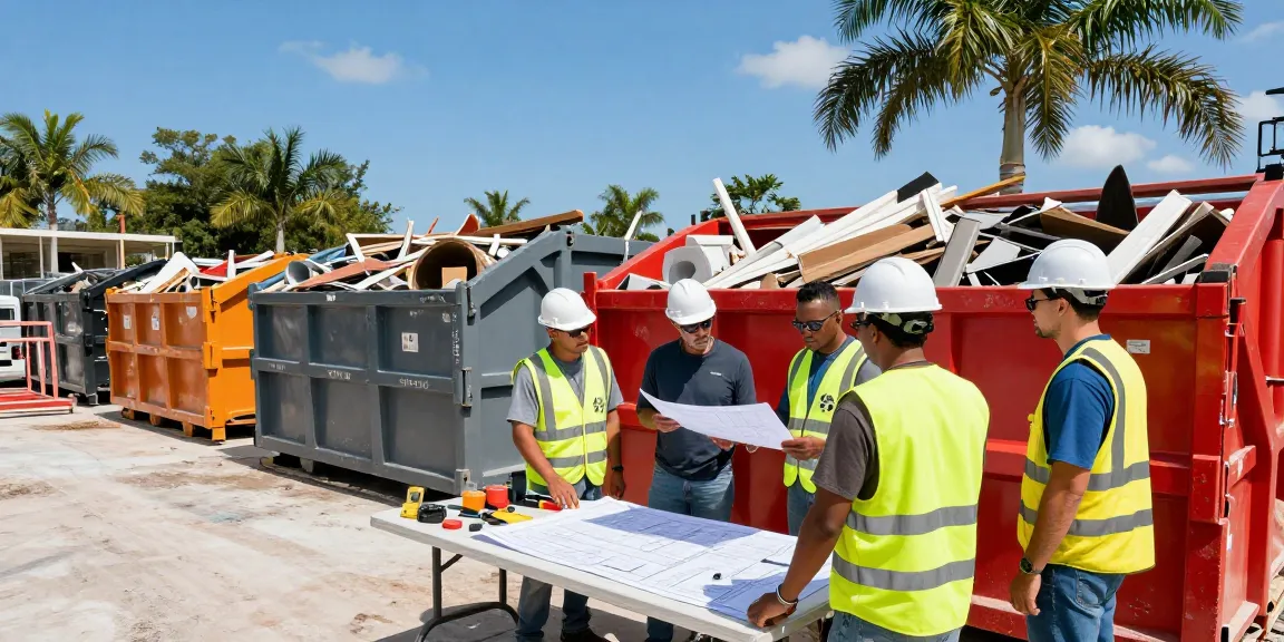 Efficient dumpster rental in Sarasora FL at a vibrant construction site showing workers collaborating