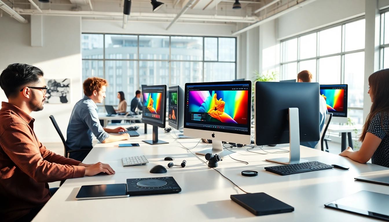 Engaged team at https://www.pnmmedia.com collaborating on digital media projects in a bright workspace.