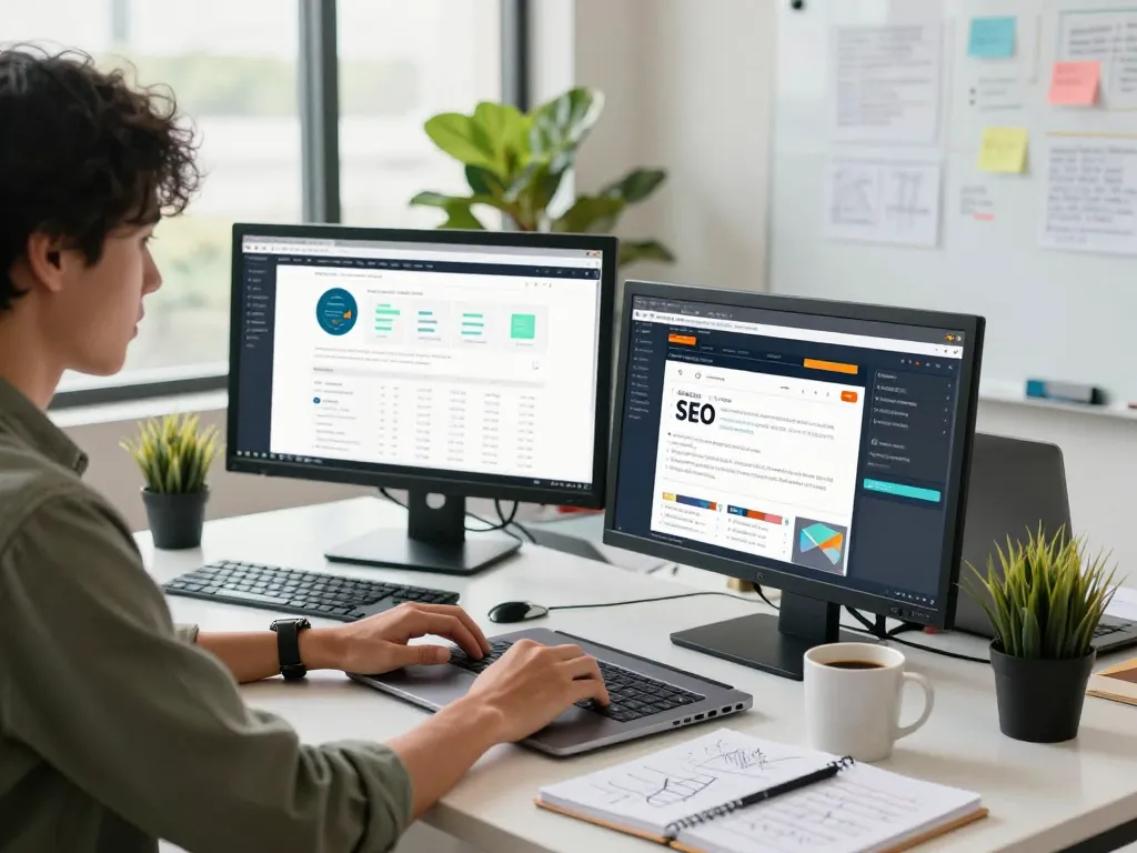 Freelance web designer collaborating on seo services malaysia in a bright office.