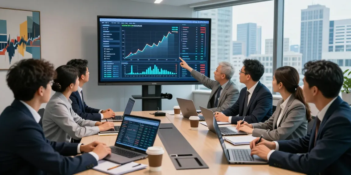 Team analyzing financial crime intelligence data in a corporate office setting, showcasing analytics and teamwork.