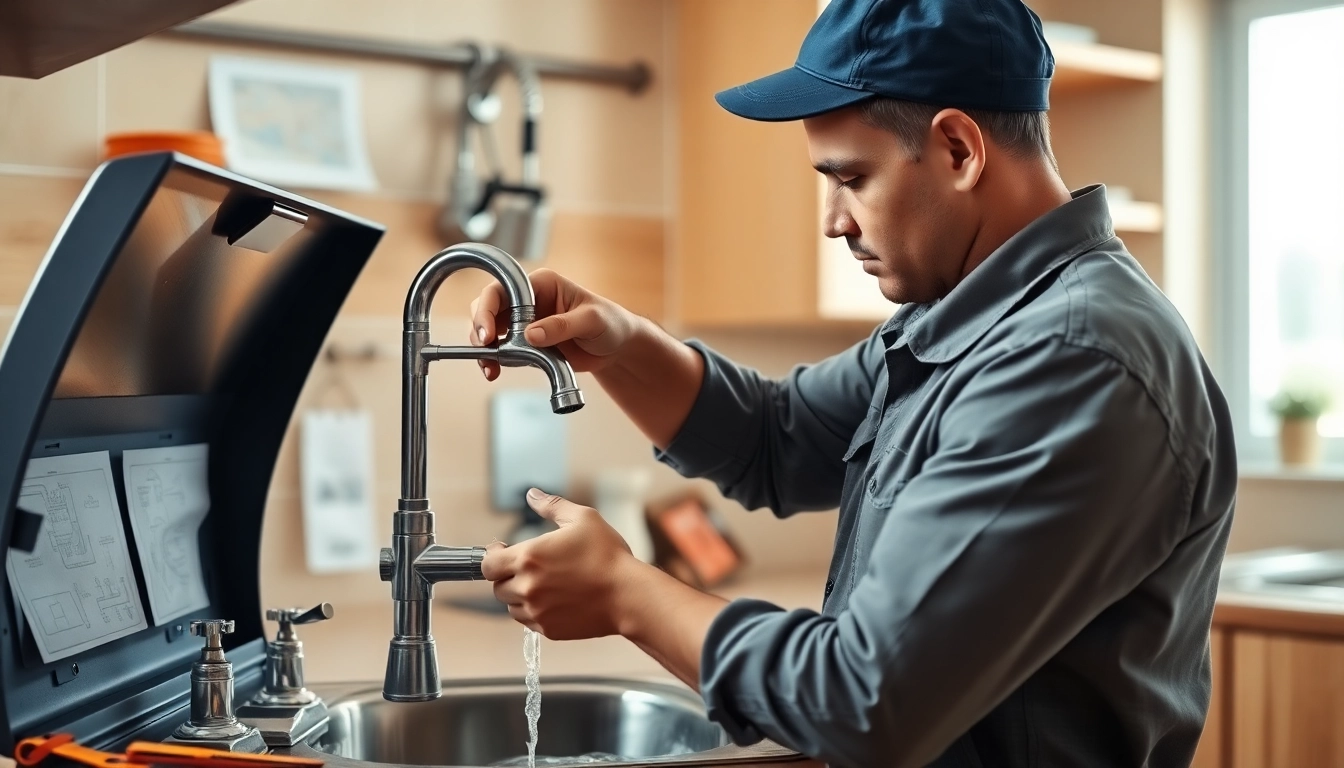 Plumber near me fixing a leaky faucet in a modern kitchen setting.