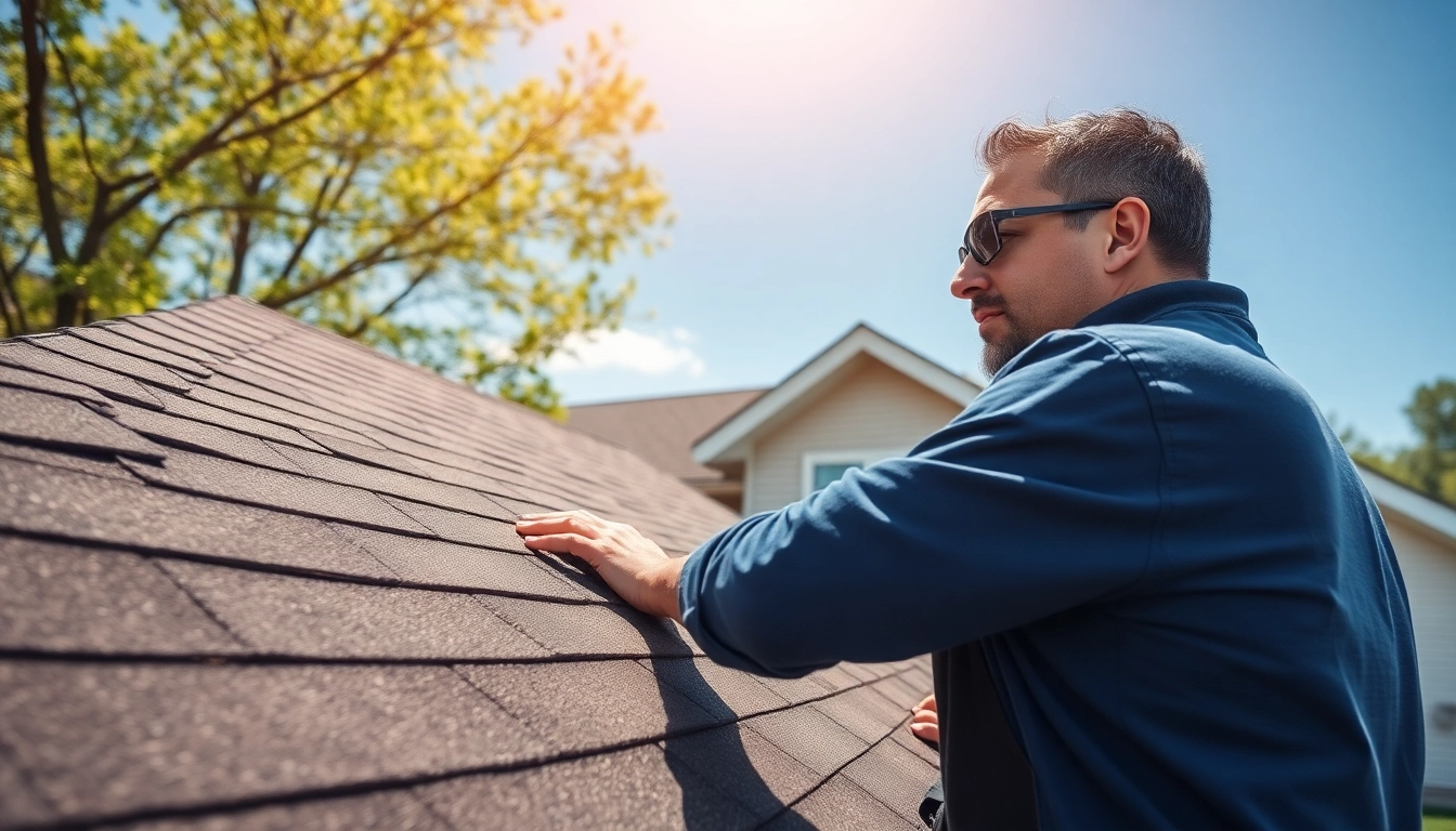 Roof repair technician inspecting roof shingles for damage and maintenance.