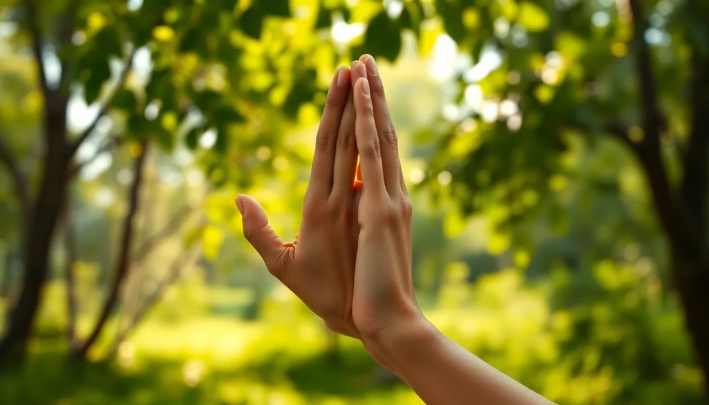 Practicing yoga mudras with hands in various gestures in a serene outdoor setting.