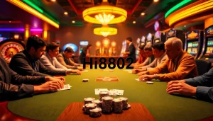 Hi8802 highlights a tense poker game with players, chips, and cards showcasing a thrilling casino atmosphere.