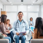 Engaging healthcare professional promoting Health in a welcoming clinic environment.