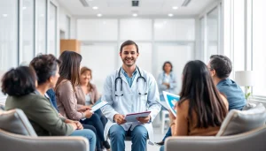 Engaging healthcare professional promoting Health in a welcoming clinic environment.