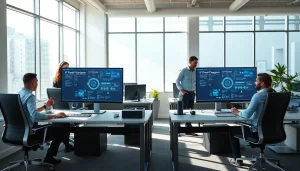 IT Support Tampa: Modern office with IT professionals collaborating on tech solutions.