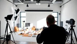 Fotografo ecommerce in uno studio professionale mentre cattura immagini di prodotti.