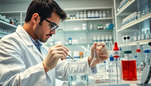 Buying peptides online in a professional lab setting with a scientist measuring compounds.
