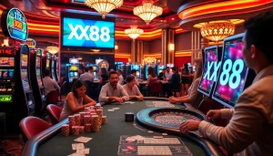 Experience XX88 in an exciting casino setting with vibrant slot machines and players at poker tables, capturing the thrill of high-stakes bets.