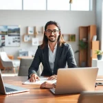 Showcasing real estate professional working in a modern office with property listings.
