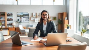 Showcasing real estate professional working in a modern office with property listings.