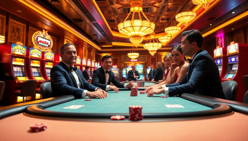 คาสิโนในบรรยากาศที่หรูหราพร้อมผู้เล่นที่กำลังมีความสุข