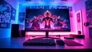 Download Valorant with a sleek gaming setup showcasing vibrant colors and equipment.