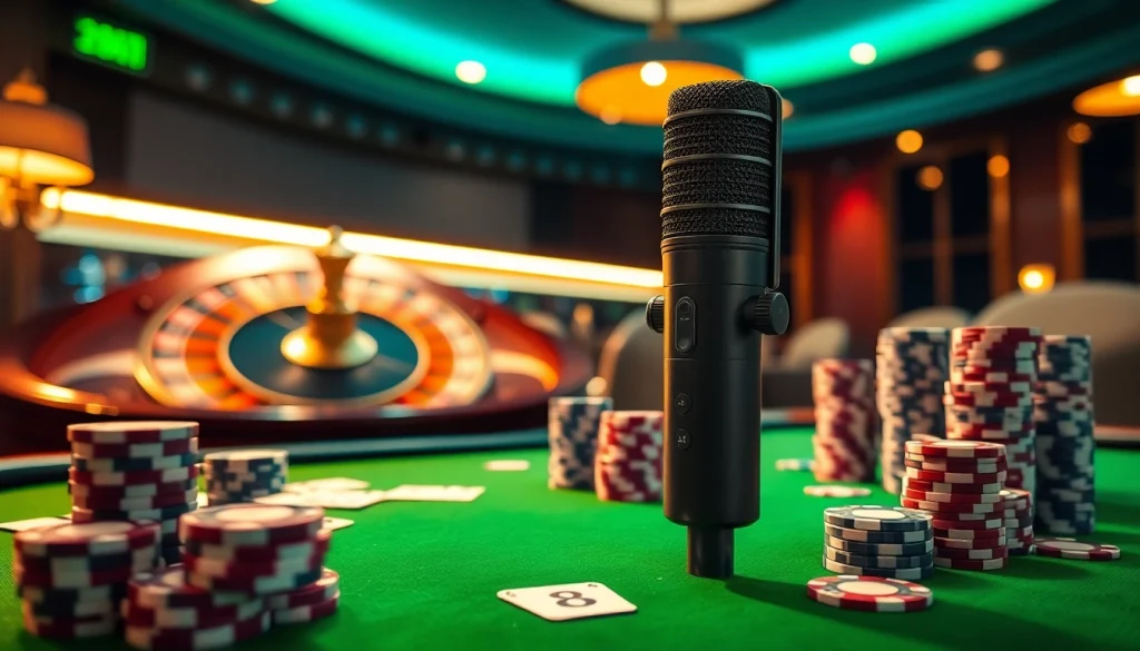 Gambling scene showcasing MV 88 microphone on a luxurious poker table, vibrant chips, and cards.