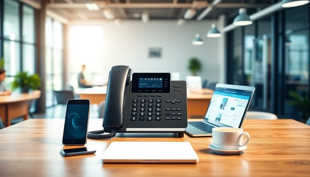 Showcase the best UK telephone system provider with a modern office setup featuring innovative communication devices.
