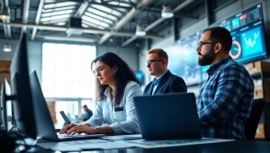 Streamlined 3PL logistics team collaborating with data analysis in a dynamic workplace.