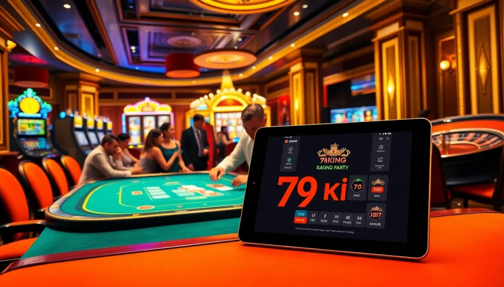 This dynamic casino scene highlights the excitement of gambling at https://79king.party/, showcasing poker, slots, and online betting.